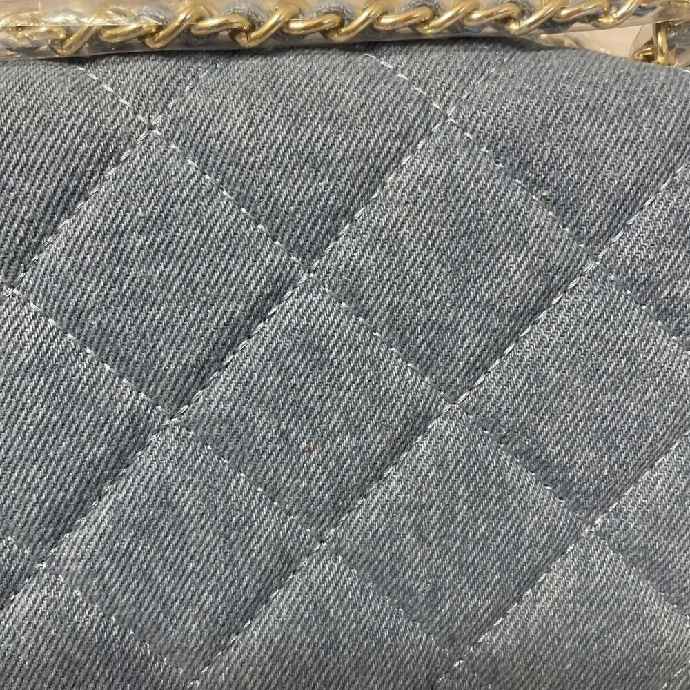 Badgley Mischka Quilted Blue Denim Crossbody Hand Bag Purse Gold Chain